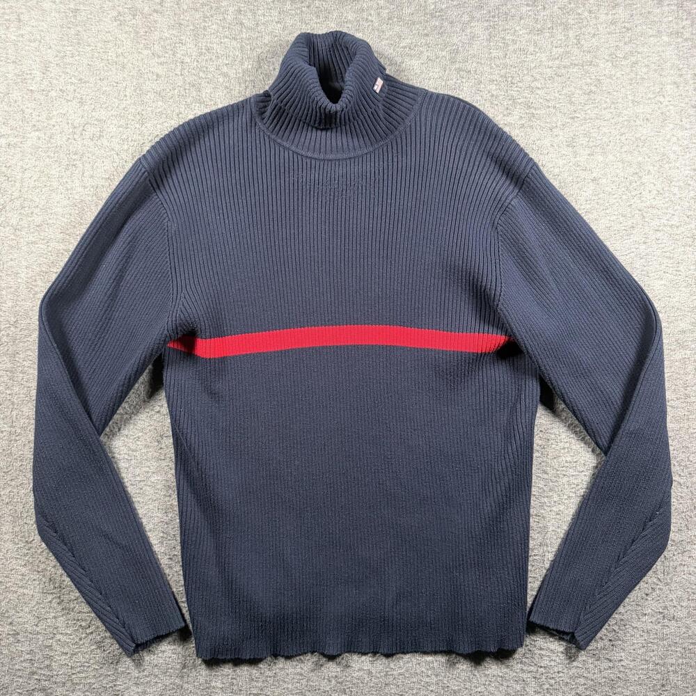 VTG Y2K Polo Jeans Co Ralph Lauren Sweater Womens XL Blue Turtleneck Red Stripe